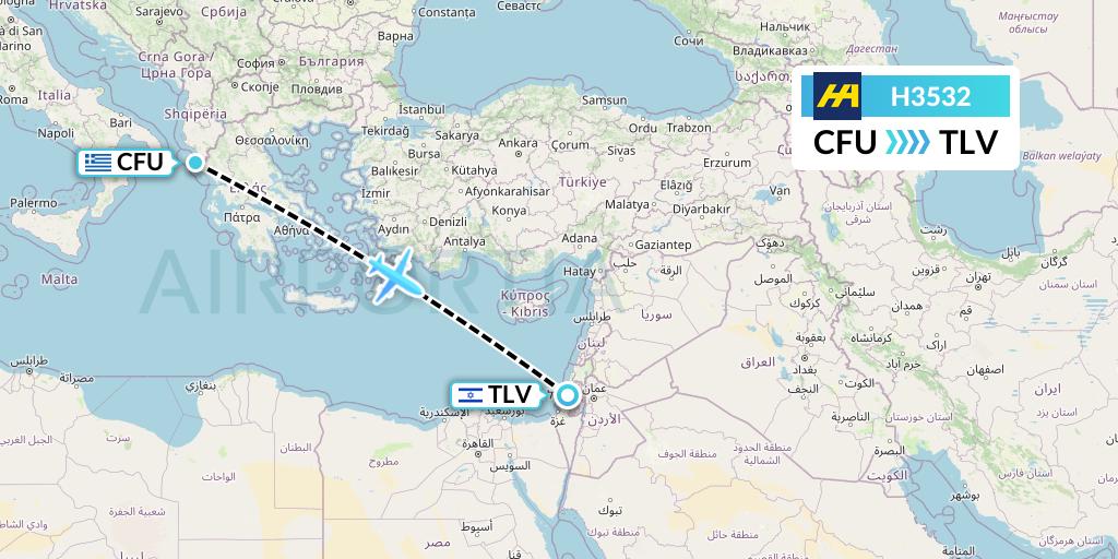 H3532 Harbour Air Flight Map: Corfu to Tel Aviv