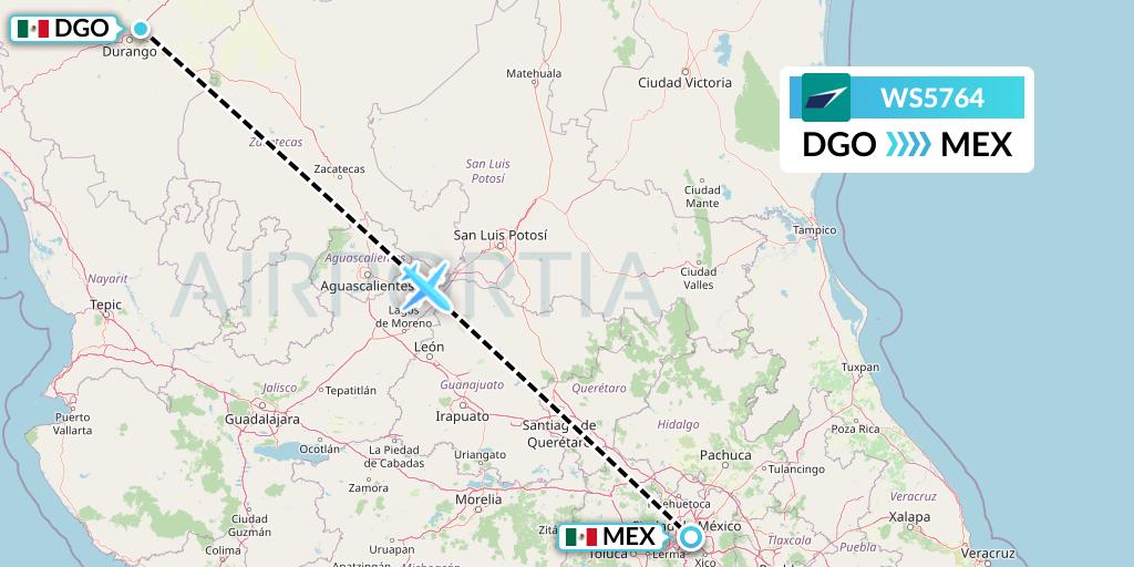 WS5764 WestJet Flight Map: Durango to Mexico City