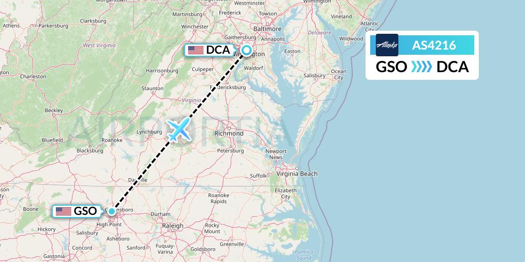 AS4216 Alaska Airlines Flight Map: Greensboro to Washington