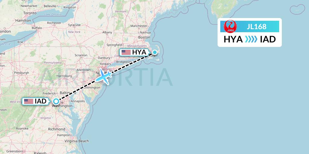 JL168 Japan Airlines Flight Map: Hyannis to Washington