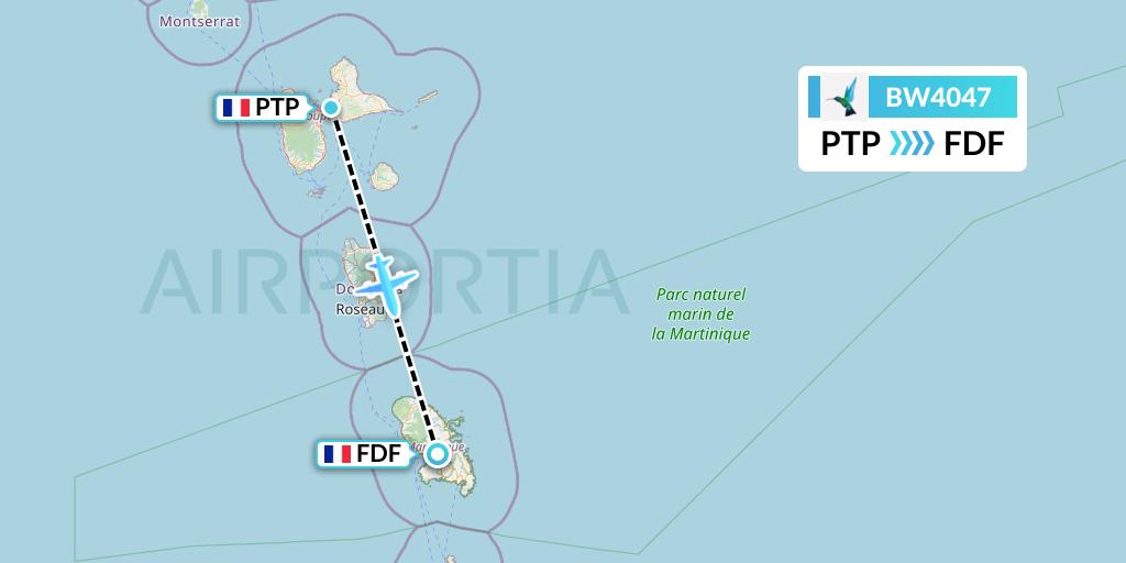 BW4047 Caribbean Airlines Flight Map: Pointe-a-Pitre to Fort-de-France