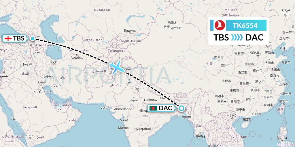 TK6554 Turkish Airlines Flight Map: Tbilisi to Dhaka