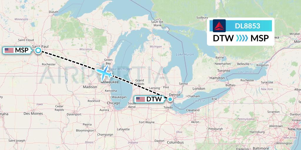DL8853 Delta Air Lines Flight Map: Detroit to Minneapolis