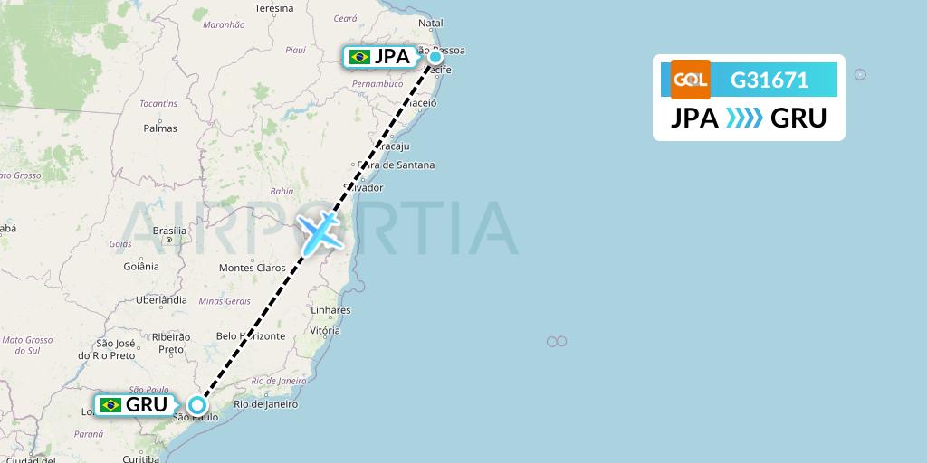 G31671 GOL Transportes Aeros Flight Map: Joao Pessoa to Sao Paulo