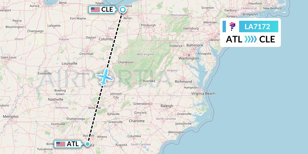 LA7172 LAN Airlines Flight Map: Atlanta to Cleveland