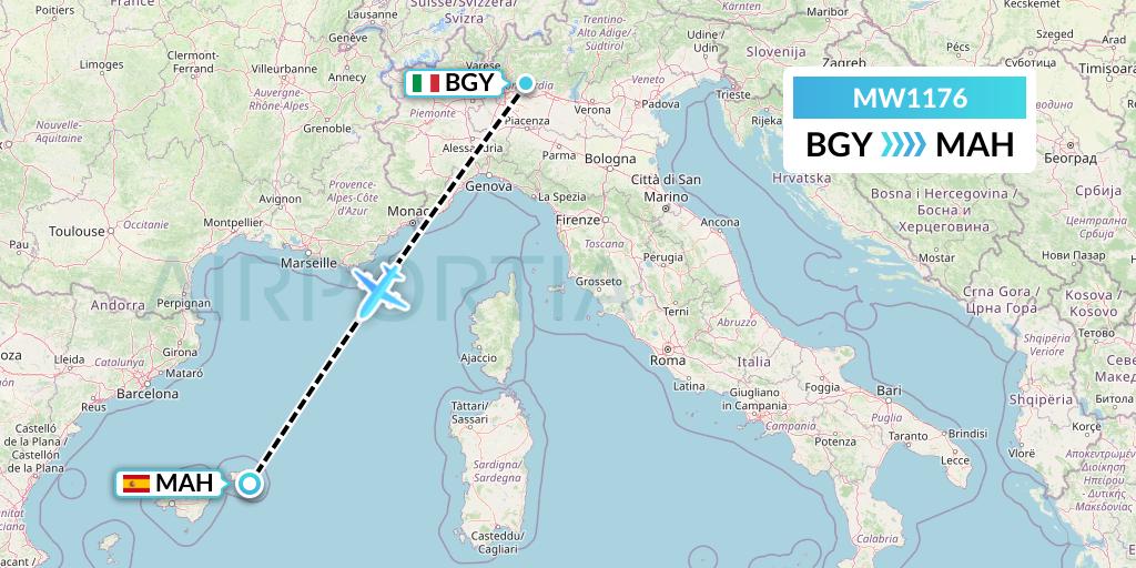 MW1176 Mokulele Flight Service Flight Map: Milan to Mahon