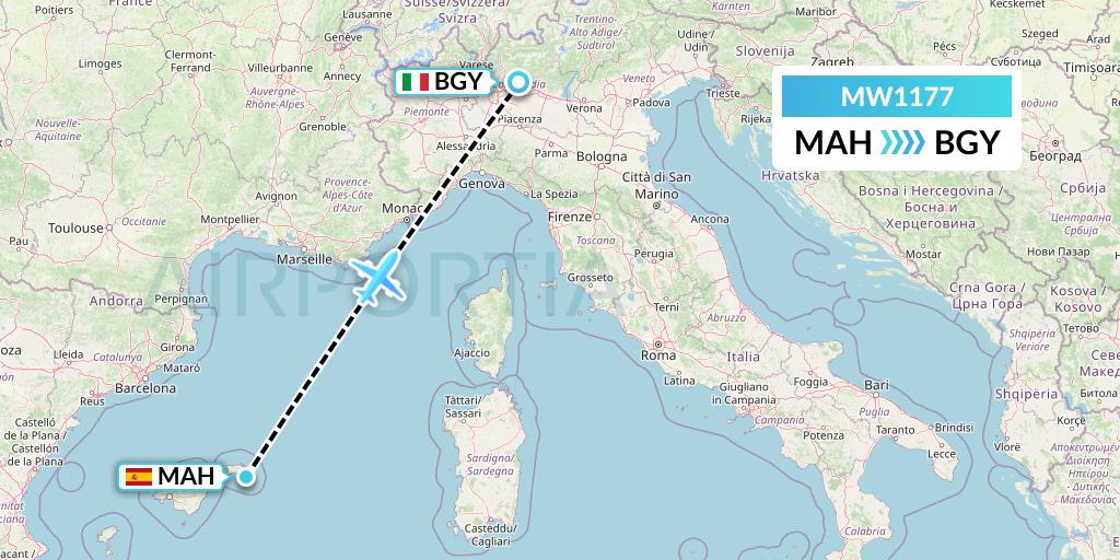 MW1177 Mokulele Flight Service Flight Map: Mahon to Milan