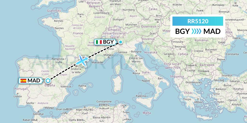 RR5120 Royal Air Force Flight Map: Milan to Madrid