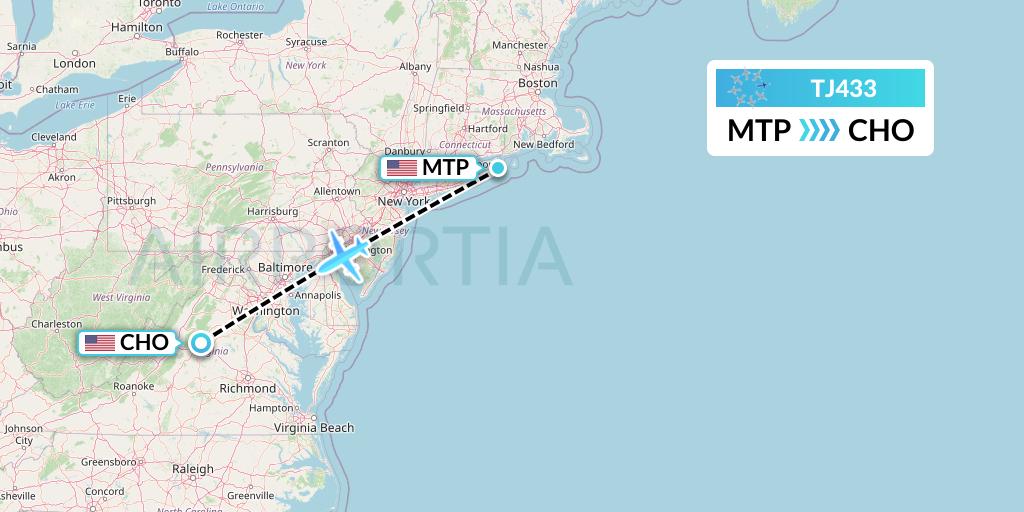 TJ433 Tradewind Aviation Flight Map: Montauk to Charlottesville
