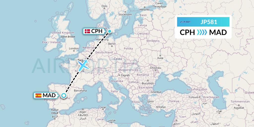 JP581 Adria Airways Flight Map: Copenhagen to Madrid