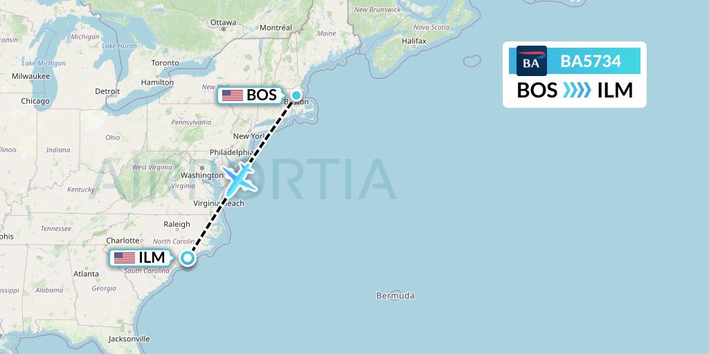 BA5734 British Airways Flight Map: Boston to Wilmington