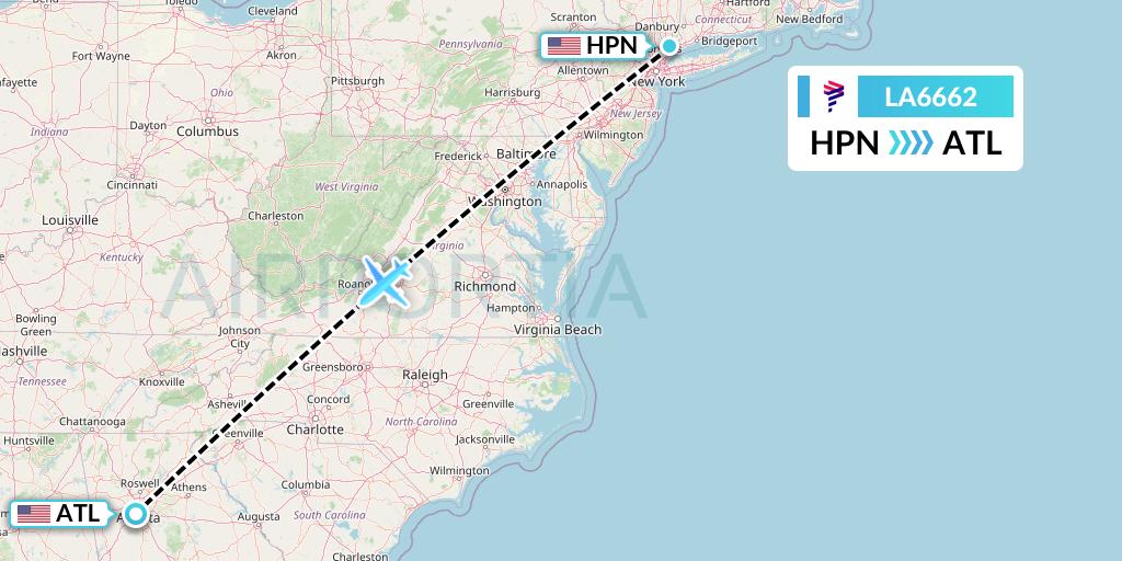 LA6662 LAN Airlines Flight Map: White Plains to Atlanta