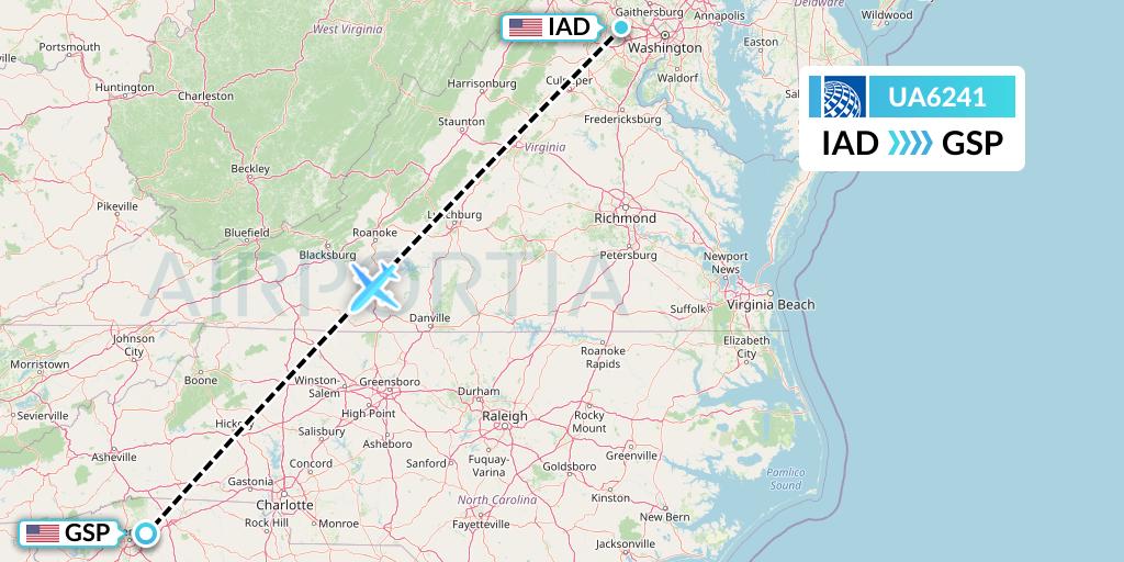 UA6241 United Airlines Flight Map: Washington to Greenville-Spartanburg