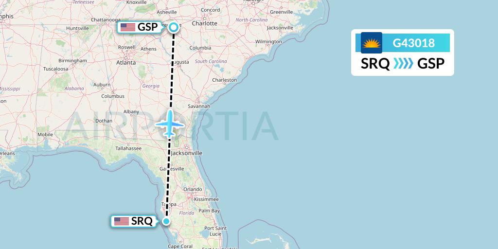 G43018 Allegiant Air Flight Map: Sarasota to Greenville-Spartanburg