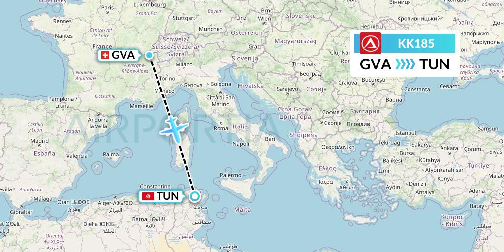 KK185 Atlasjet Flight Map: Geneva to Tunis