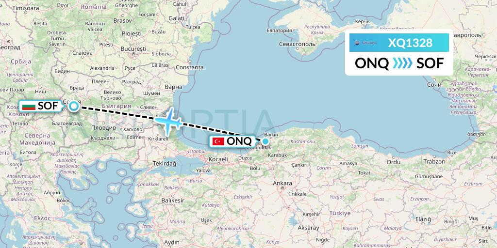 XQ1328 SunExpress Flight Map: Zonguldak to Sofia