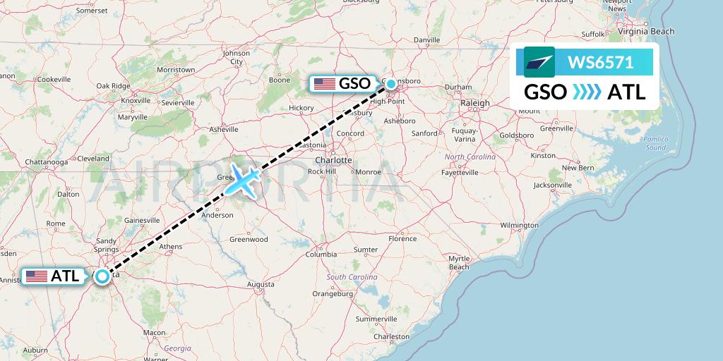 WS6571 WestJet Flight Map: Greensboro to Atlanta