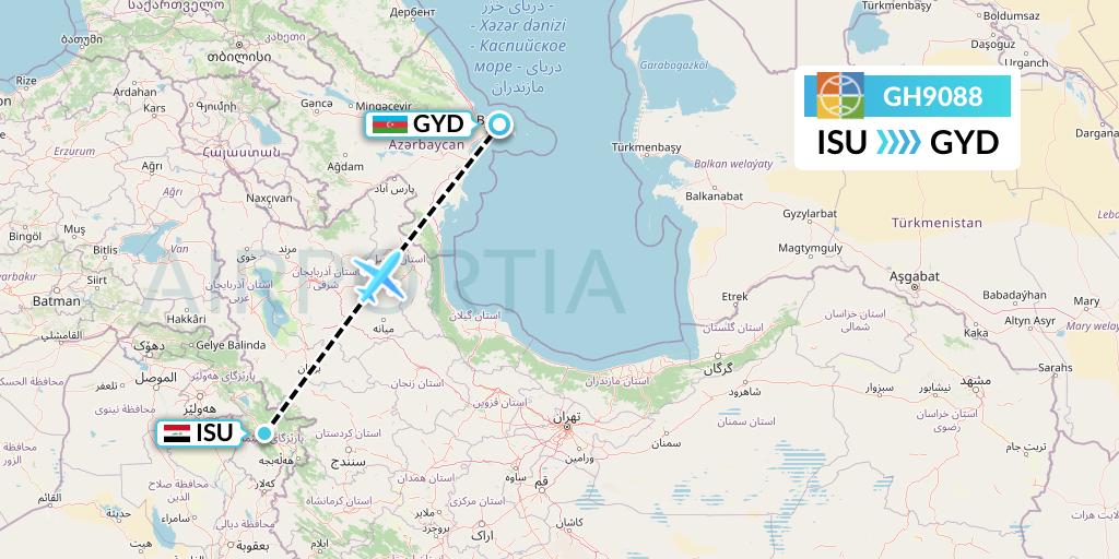 GH9088 Globus Flight Map: Sulaimaniyah to Baku