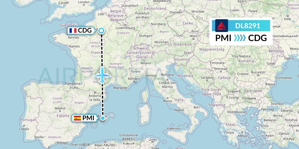 DL8291 Delta Air Lines Flight Map: Palma de Mallorca to Paris