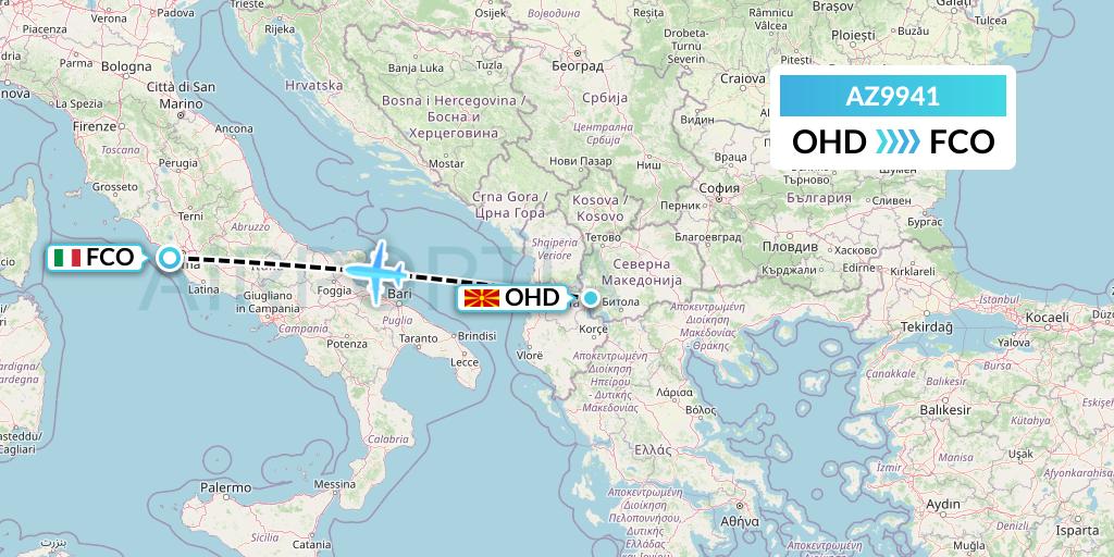 AZ9941 ITA Airways Flight Map: Ohrid to Rome