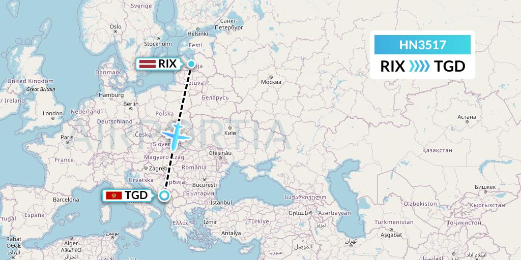 HN3517 Uab Heston Airlines Jsc Heston Airl Flight Map: Riga to Podgorica