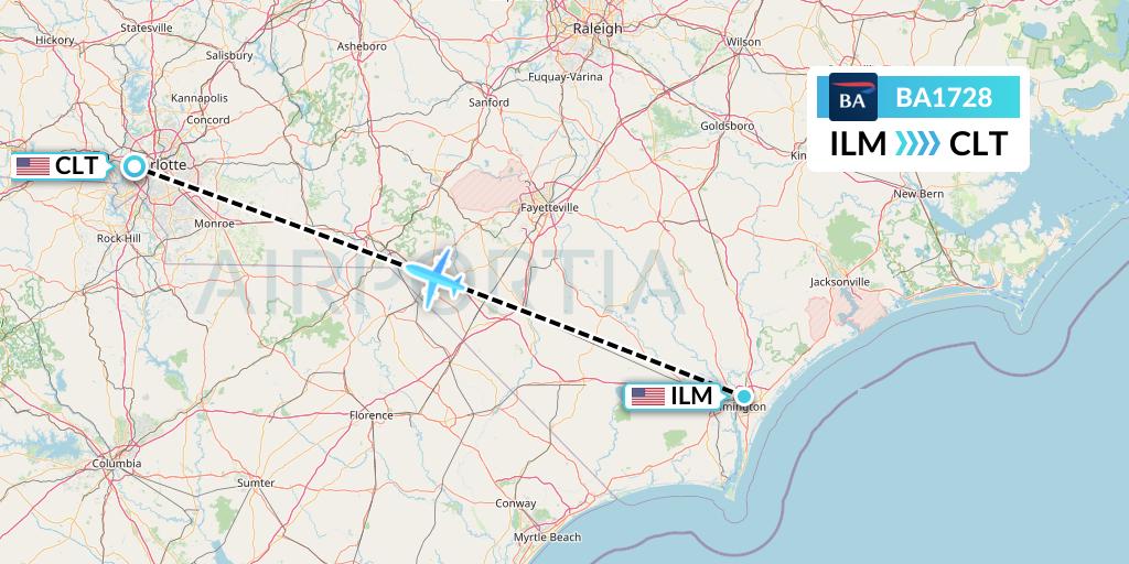 BA1728 British Airways Flight Map: Wilmington to Charlotte