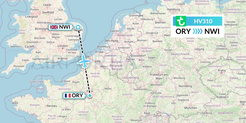 HV310 Transavia Flight Map: Paris to Norwich