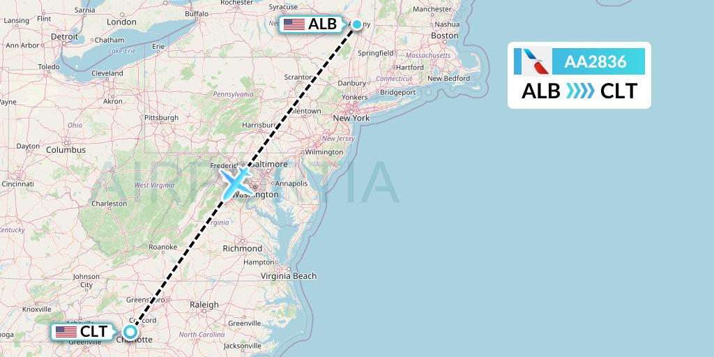 AA2836 American Airlines Flight Map: Albany to Charlotte