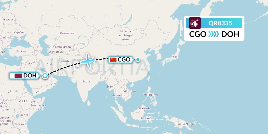 QR8335 Qatar Airways Flight Map: Zhengzhou to Doha
