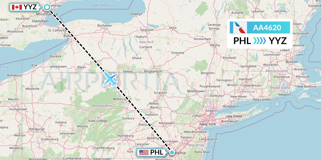 AA4620 American Airlines Flight Map: Philadelphia to Toronto