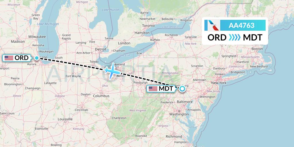 AA4763 American Airlines Flight Map: Chicago to Harrisburg