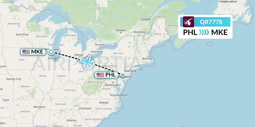 QR7778 Qatar Airways Flight Map: Philadelphia to Milwaukee