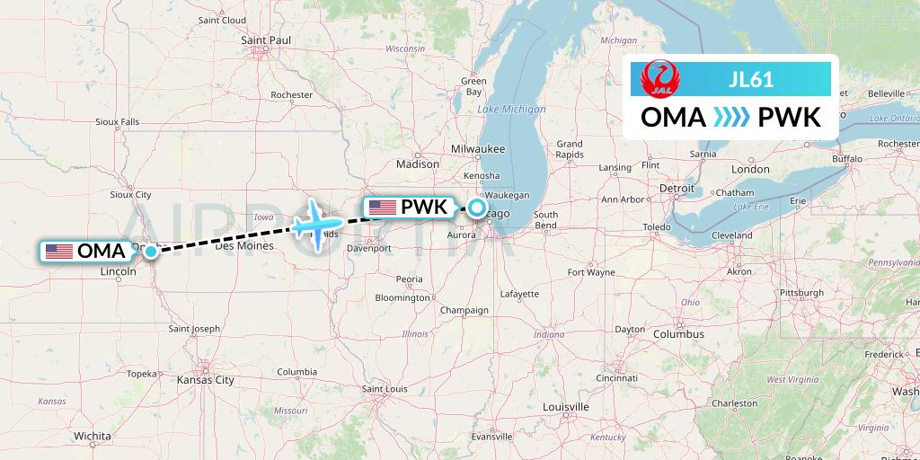 JL61 Japan Airlines Flight Map: Omaha to Chicago