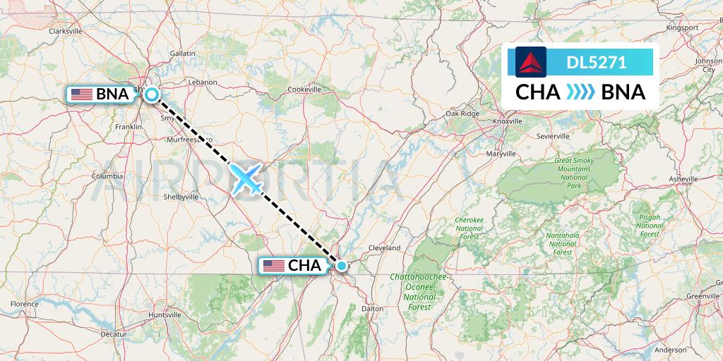 DL5271 Delta Air Lines Flight Map: Chattanooga to Nashville