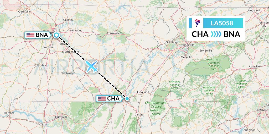 LA5058 LAN Airlines Flight Map: Chattanooga to Nashville