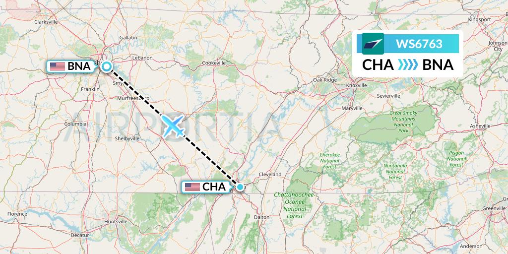 WS6763 WestJet Flight Map: Chattanooga to Nashville