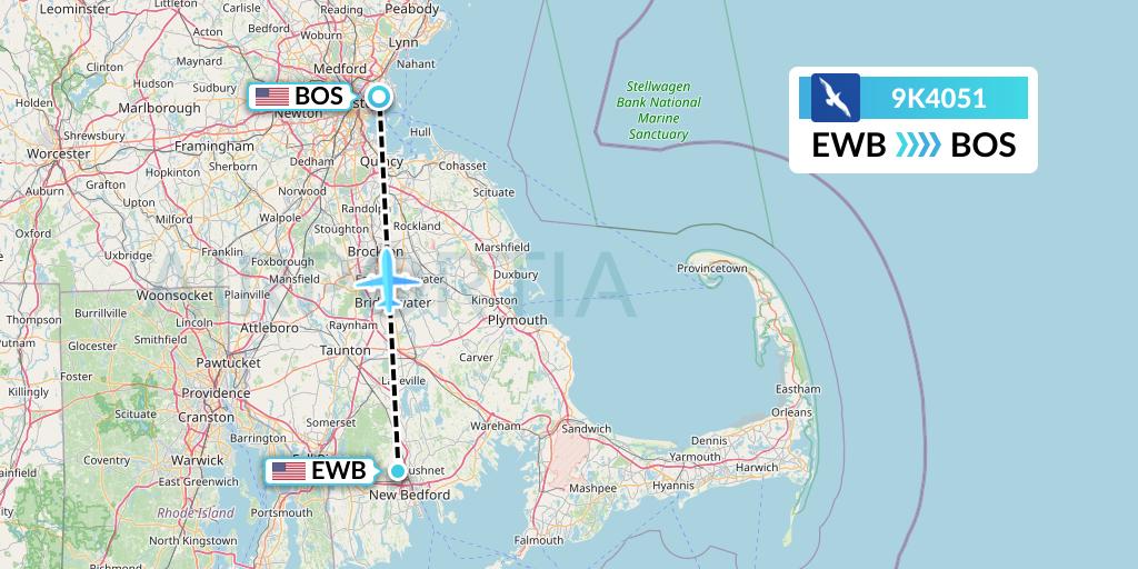 9K4051 Cape Air Flight Map: New Bedford to Boston