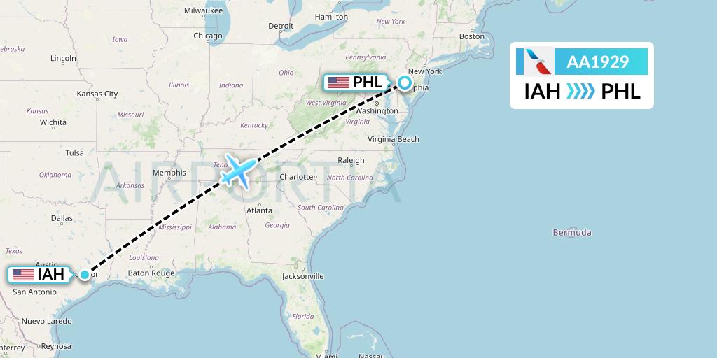AA1929 American Airlines Flight Map: Houston to Philadelphia