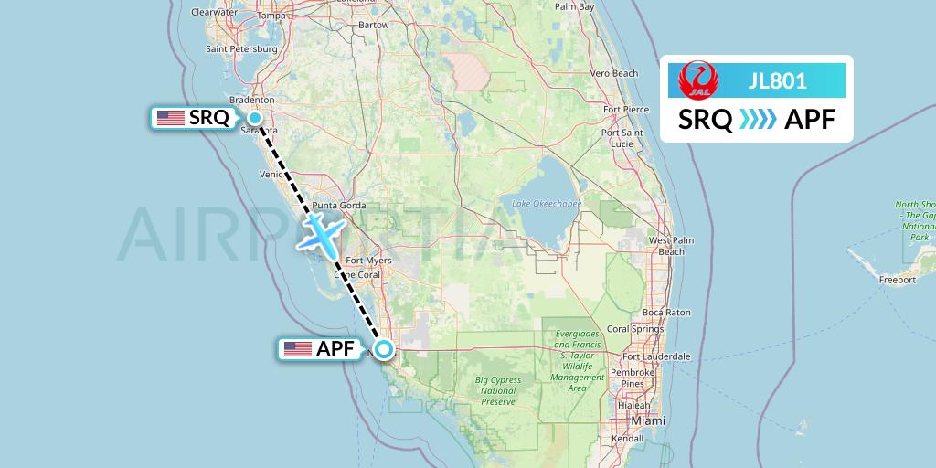 JL801 Japan Airlines Flight Map: Sarasota to Naples