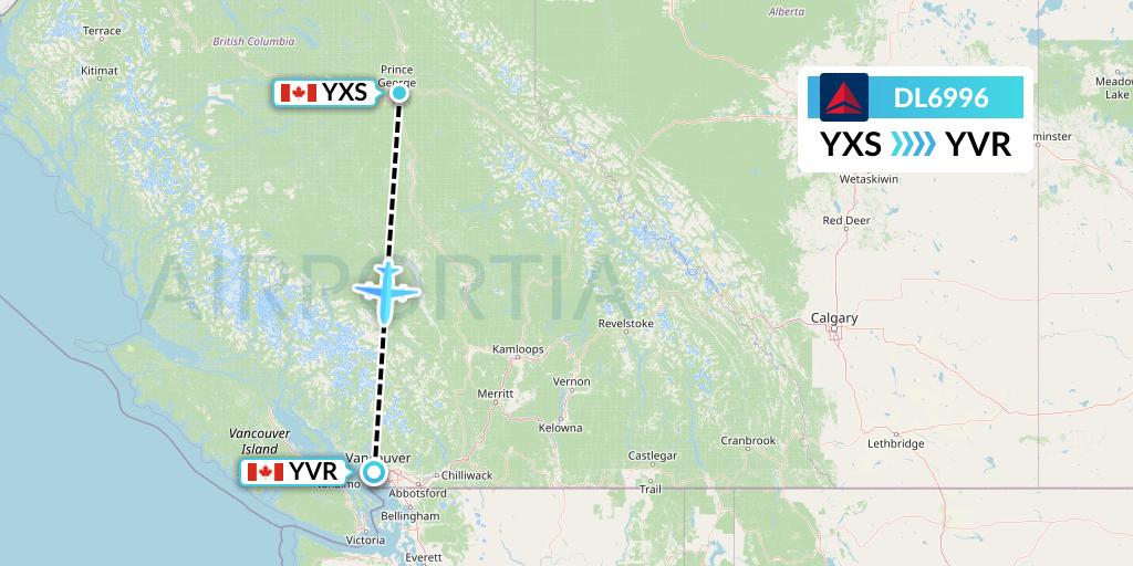 DL6996 Delta Air Lines Flight Map: Prince George to Vancouver