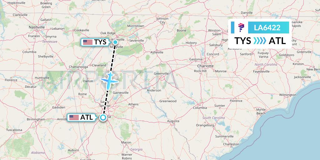 LA6422 LAN Airlines Flight Map: Knoxville to Atlanta