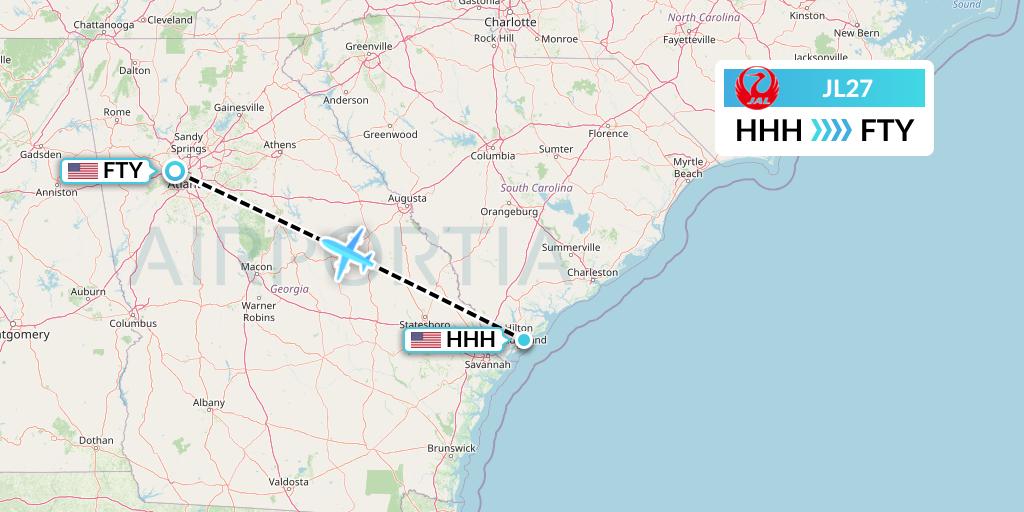 JL27 Japan Airlines Flight Map: Hilton Head Island to Atlanta
