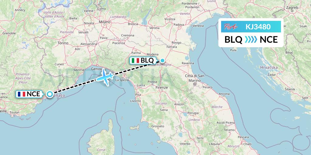 KJ3480 Air Incheon Flight Map: Bologna to Nice