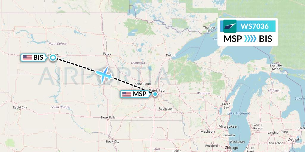 WS7036 WestJet Flight Map: Minneapolis to Bismarck