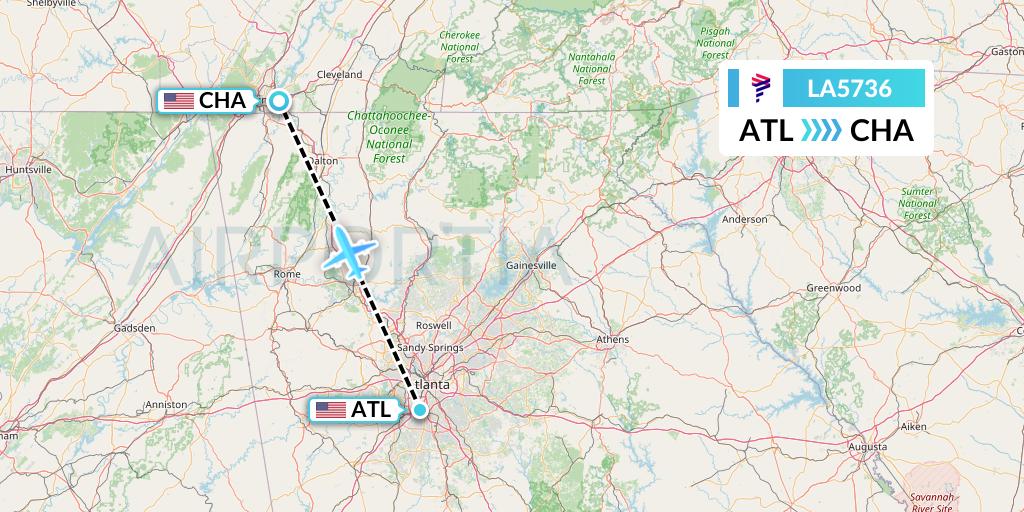LA5736 LAN Airlines Flight Map: Atlanta to Chattanooga