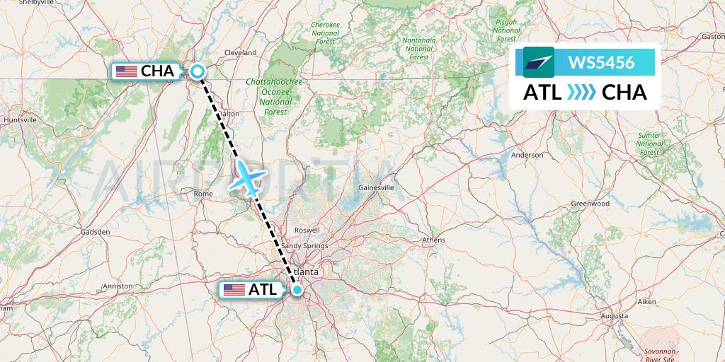 WS5456 WestJet Flight Map: Atlanta to Chattanooga