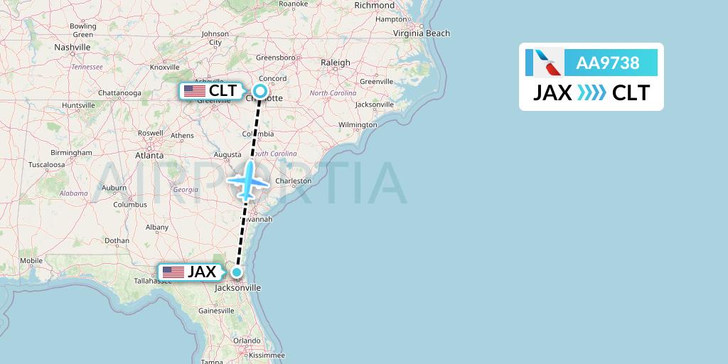AA9738 American Airlines Flight Map: Jacksonville to Charlotte