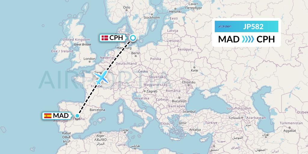 JP582 Adria Airways Flight Map: Madrid to Copenhagen