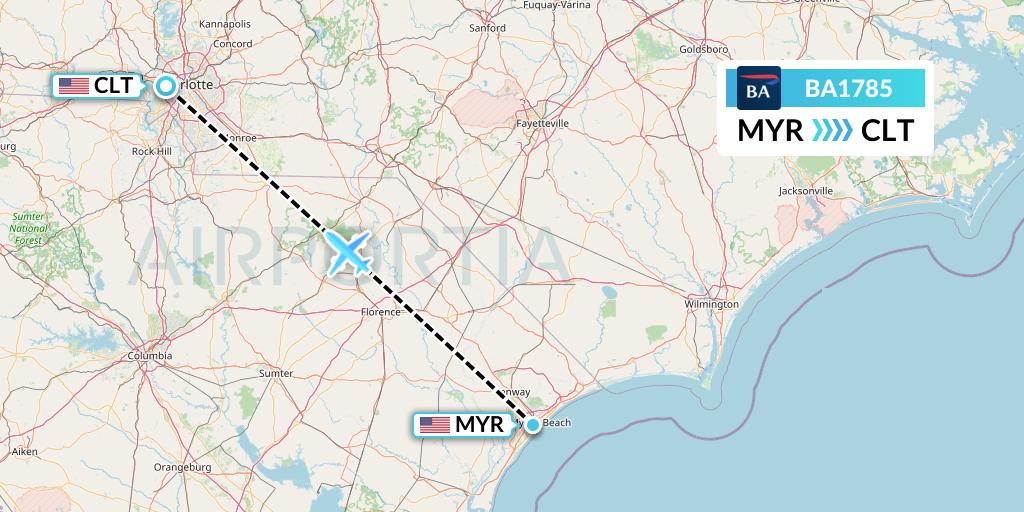 BA1785 British Airways Flight Map: Myrtle Beach to Charlotte