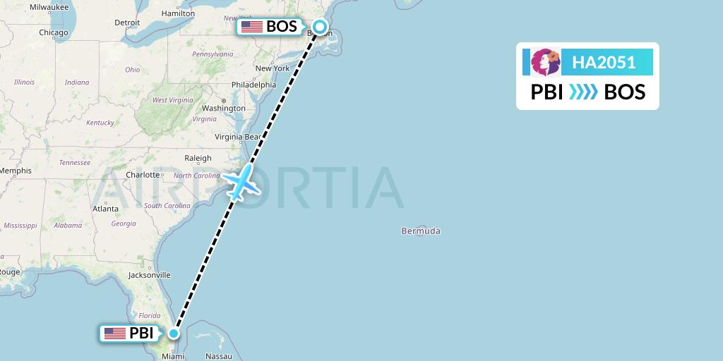 HA2051 Hawaiian Airlines Flight Map: West Palm Beach to Boston